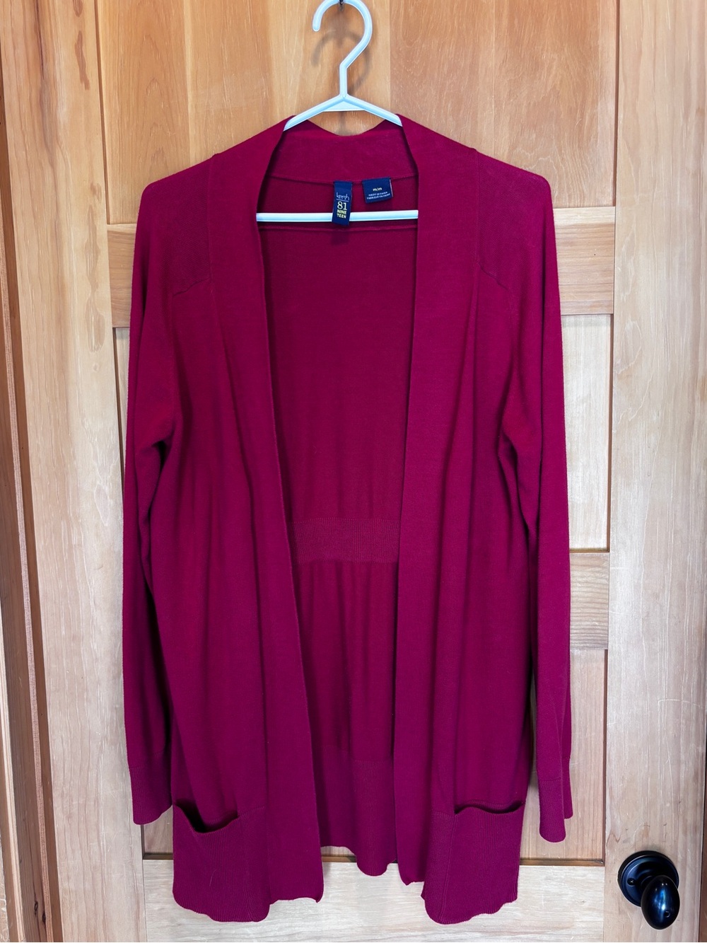 Kersh Essentials Open Front Cardigan Sweater Berry Burgundy Wine Pockets M